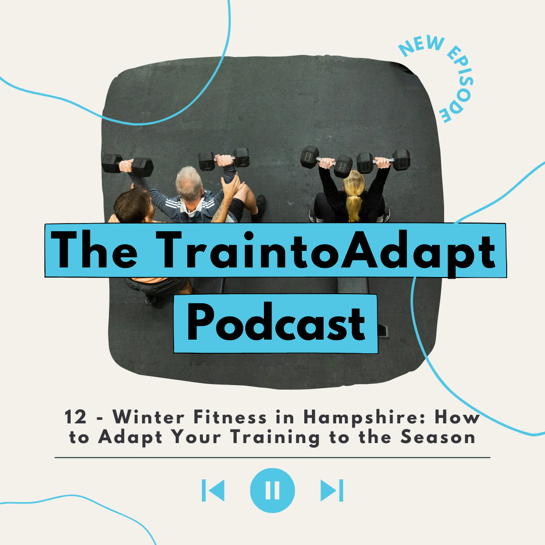 Promotional graphic for The Train to Adapt Podcast showing an overhead view of three people seated on gym mats lifting dumbbells, with bold blue text reading “The Train to Adapt Podcast,” a “New Episode” label, and the episode title “12 – Winter Fitness in Hampshire: How to Adapt Your Training to the Season,” styled like an audio player interface
