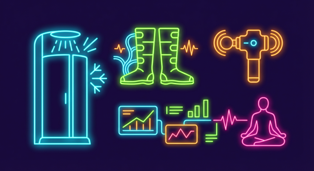 neon icons displaying advanced recovery protocols, including cryotherapy, massage, and meditation.