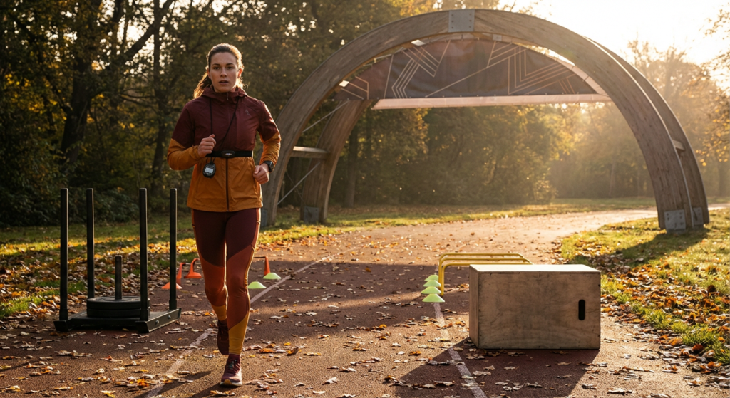 female athlete training on a running track with hurdles and weights, demonstrating advanced training periodization.