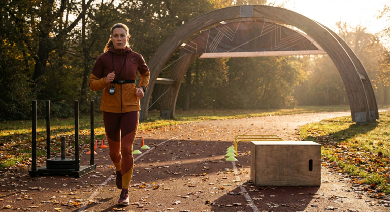 female athlete training on a running track with hurdles and weights, demonstrating advanced training periodization.