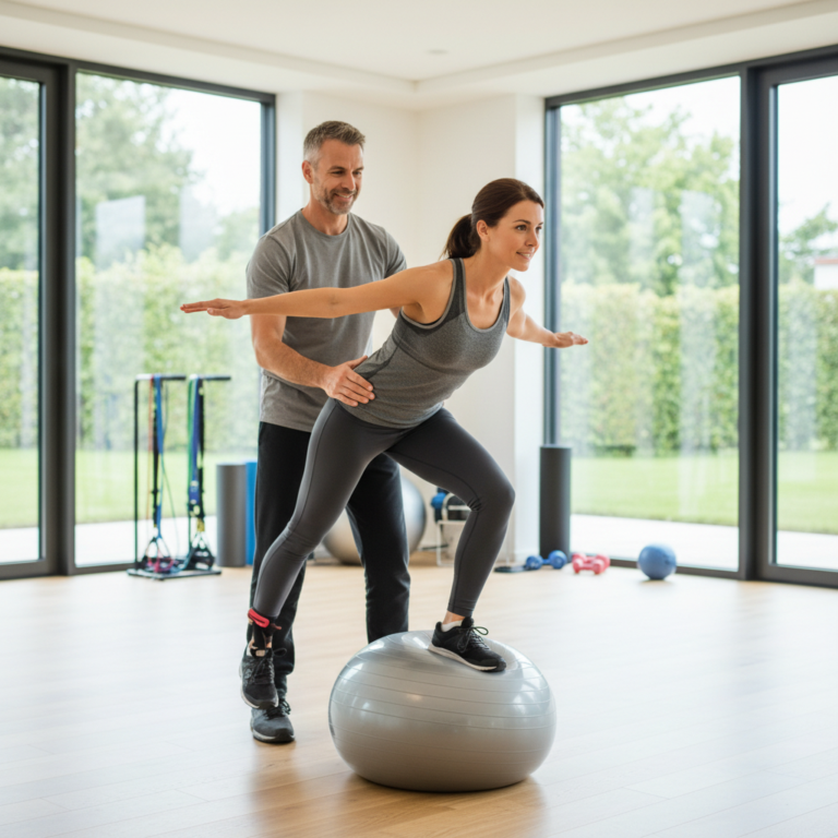 a person in athletic wear, celebrating a small victory on a sunny yoga mat, feeling strong and confident post-injury.