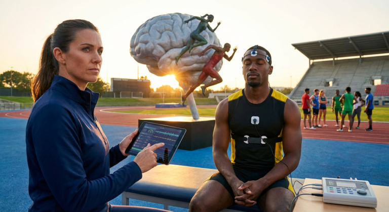 female coach using a tablet for mental performance coaching with a male athlete wearing sensors.