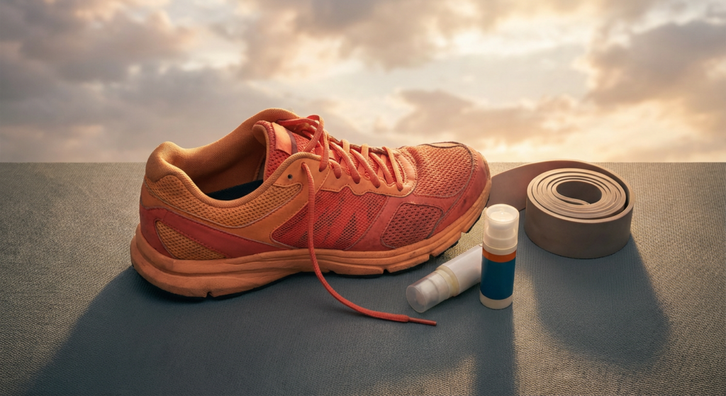 a determined runner slowly returning to training after an injury, focusing on recovery.