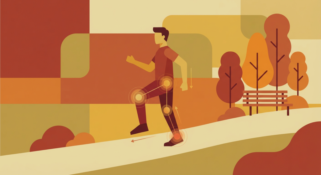 man walking with joint highlights for march movement assessment in a park.