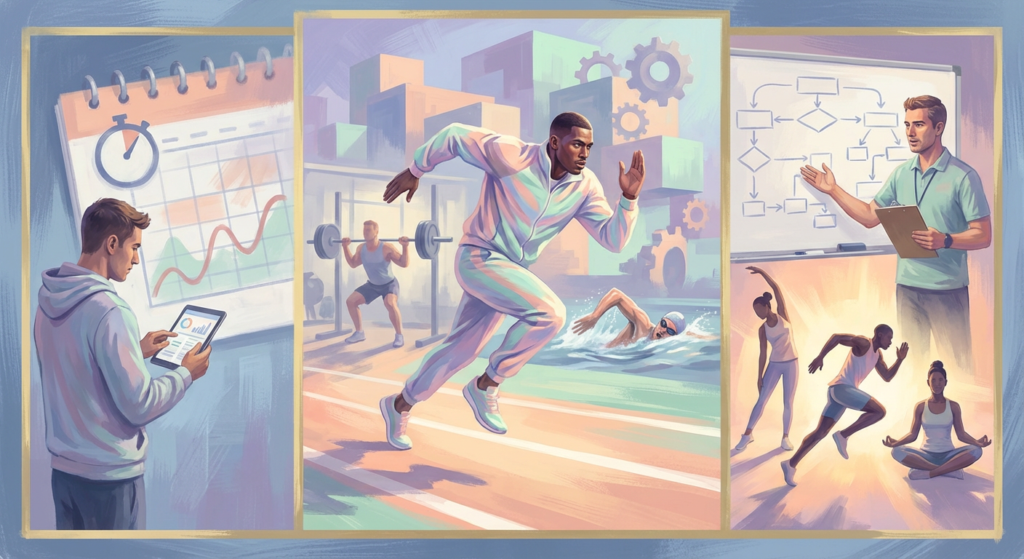 colorful illustration of peak performance athletes training, tracking data, and receiving coaching.