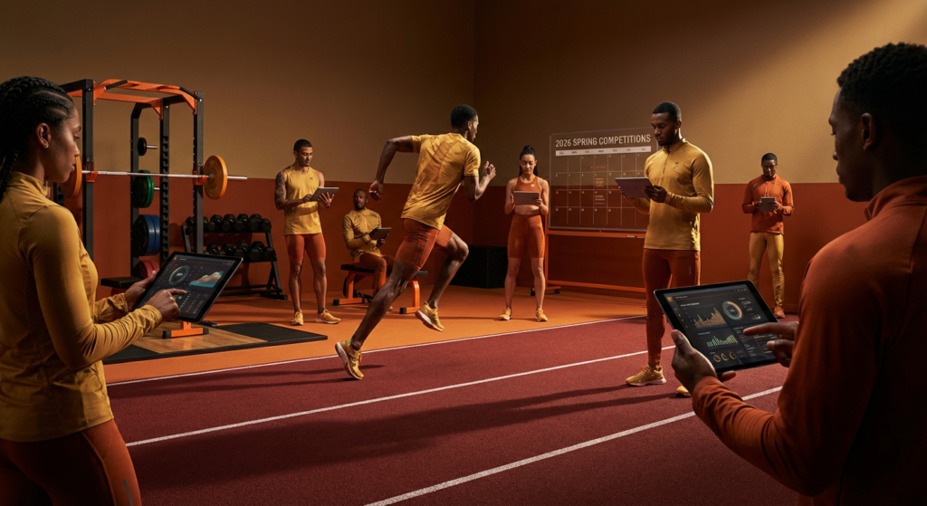 athletes on a track and in a gym, reviewing performance data on tablets, preparing as elite athletes in 2026.