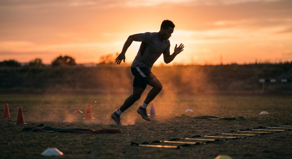 athlete sprinting on a dusty field at sunset, showcasing spring training adaptation with agility cones and ladder.
