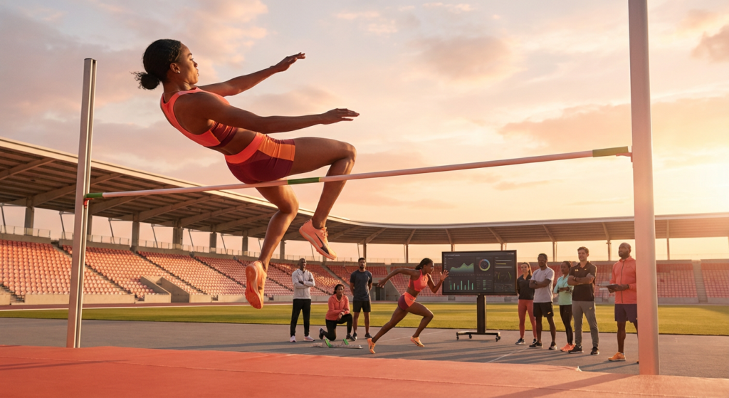 athletes training for elite athletic development, high jumping and sprinting on a track with a data screen.