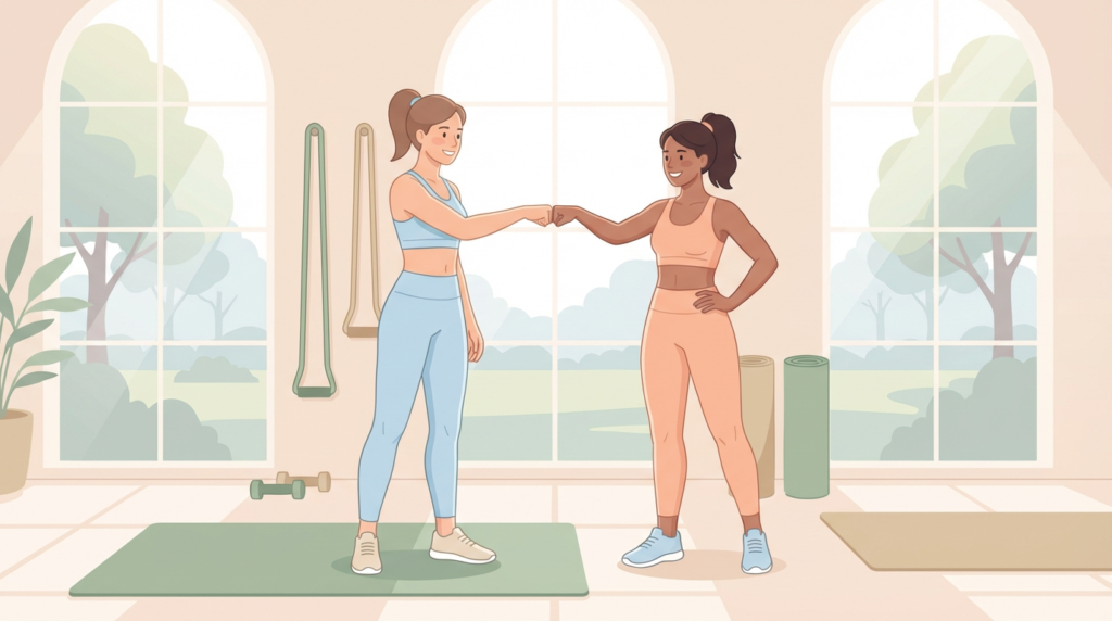 two women in sportswear fist-bumping, symbolizing strong fitness client trust in a bright gym.
