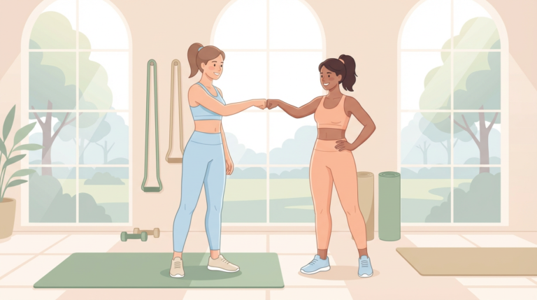 two women in sportswear fist-bumping, symbolizing strong fitness client trust in a bright gym.