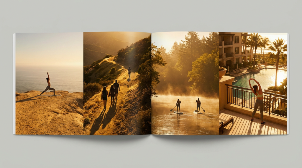 a magazine spread illustrating various vacation workout programs like yoga, hiking, paddleboarding, and stretching in sunny landscapes.