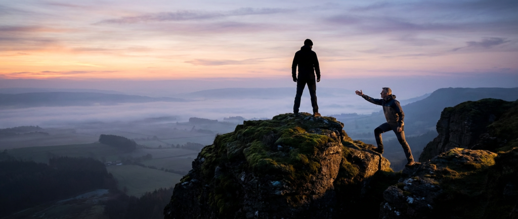 two men on mountain tops, one reaching out to the other. trainer confidence building at sunset.