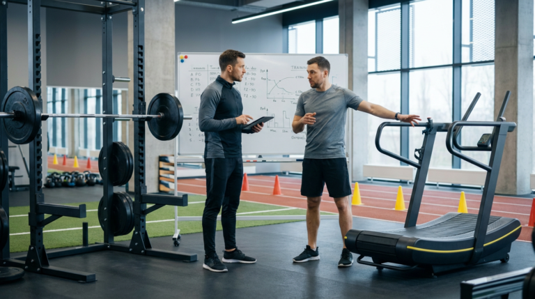 two men in a gym discuss a whiteboard full of data, ready to adapt training plans.