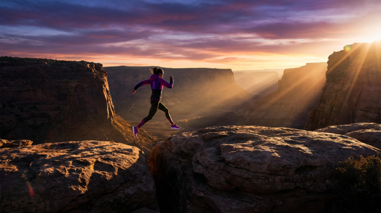 athlete in purple actively jumping a canyon gap at sunset; client skips warm up before this feat.