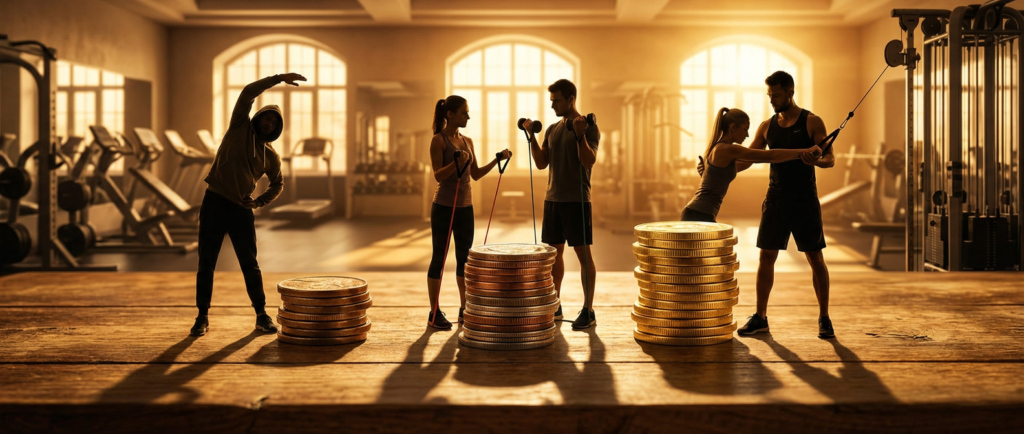 gym goers and trainers working out with coin stacks, representing personal training pricing.
