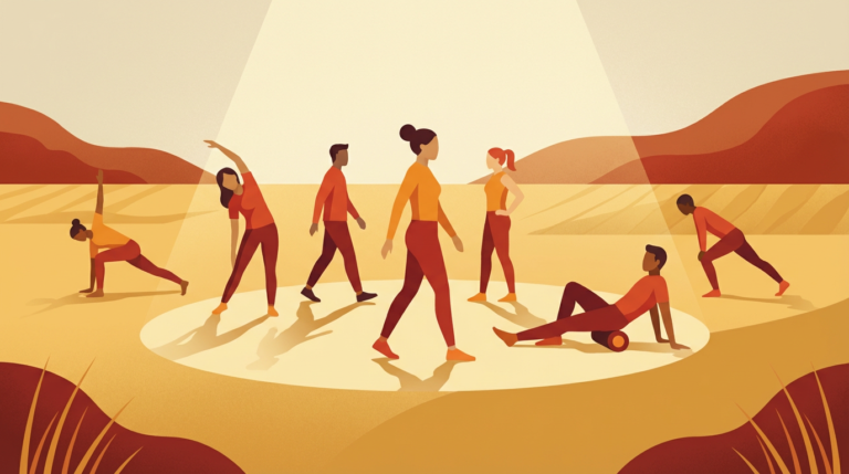 diverse people performing various active recovery workouts, including yoga, walking, stretching, and foam rolling outdoors.