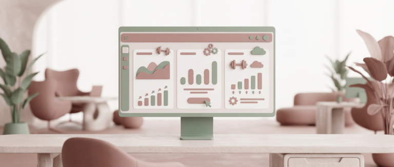 a cartoonish desktop monitor displaying data dashboards with fitness icons, illustrating cheap gym software costs.