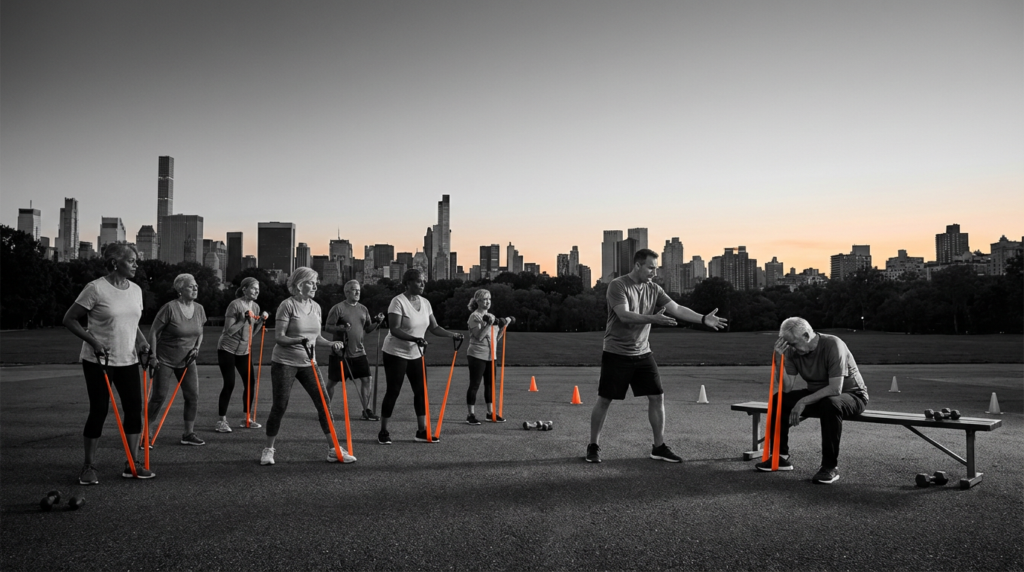 trainer addressing difficult fitness clients, with one seated, frustrated, and others exercising in a park.