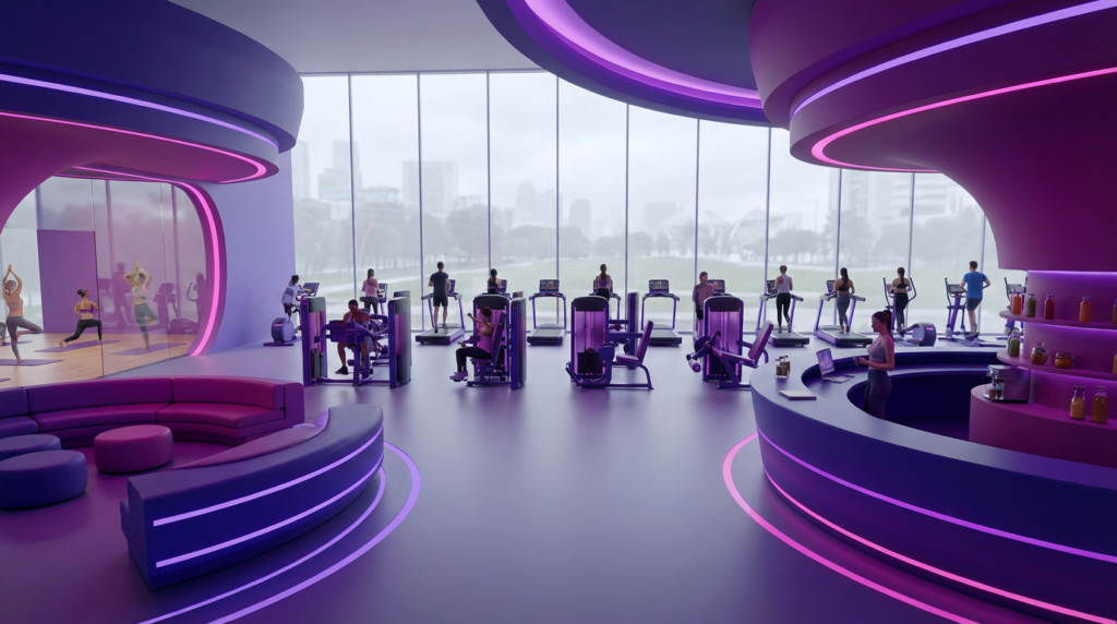 modern gym interior with individuals using fitness equipment, yoga studio, and juice bar, reflecting strong gym member retention.