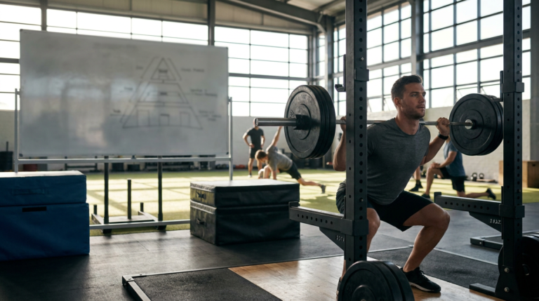 man performing squats in a power rack, featuring block periodization training diagrams on a whiteboard.