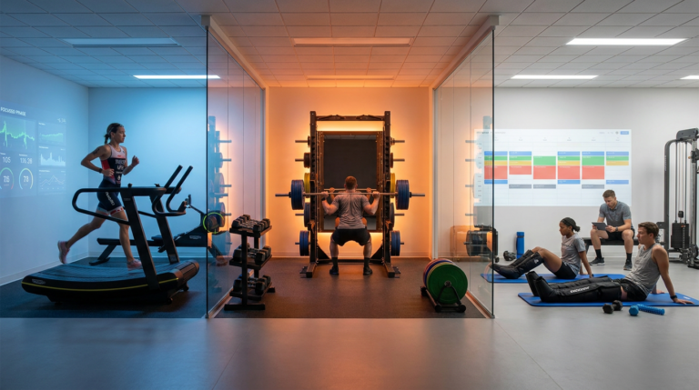 athletes performing block periodization training, including treadmill running, squats, and recovery, across three gym sections.