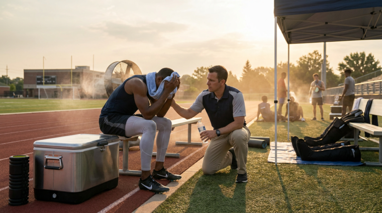 tired athlete on a track receiving care from a trainer for summer athlete recovery.