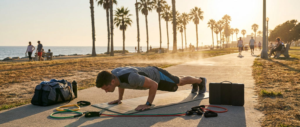 man doing push-ups on a mat at sunset for summer workout consistency by the ocean with palm trees.