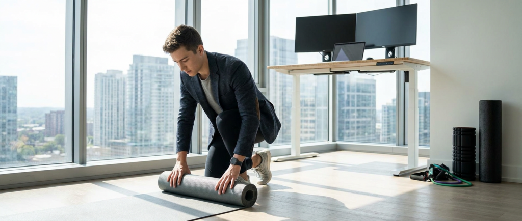 young man in an office rolling up a yoga mat, showcasing dedication to graduation fitness goals.
