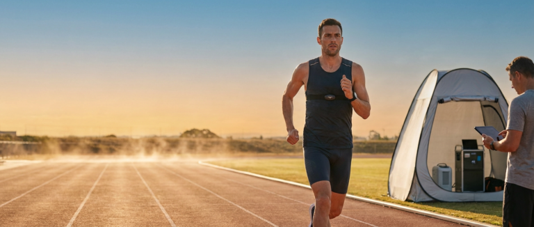 athlete heat training on a track, monitored by a coach using a tablet near a small tent.