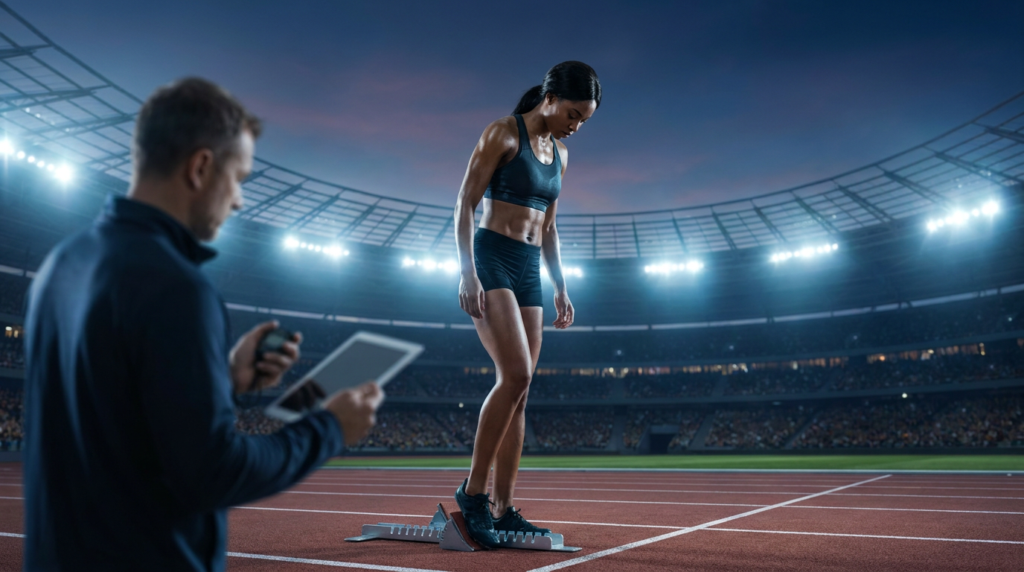 athlete on starting blocks, coach with stopwatch, experiencing athlete competition stress under stadium lights.