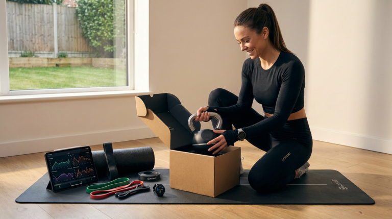 woman unboxing a fitness gift box containing a kettlebell, perfect mothers day fitness gifts.