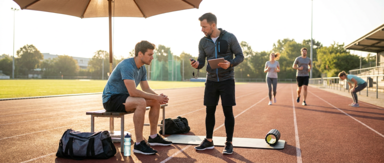 coach discussing progress with a sitting client, demonstrating effective summer client motivation on a sunny track.