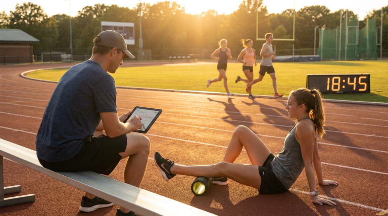 coach with tablet monitoring runner using a foam roller for summer training injury prevention.