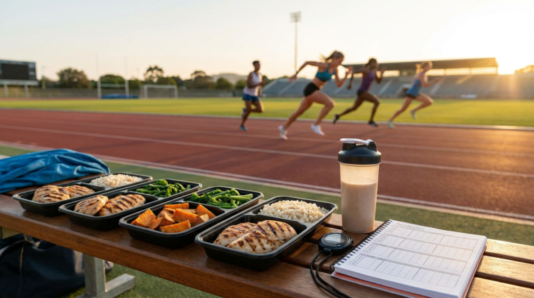 meal prep containers, shaker bottle, and timer on a bench overlooking nutrition timing athletes running on a track.