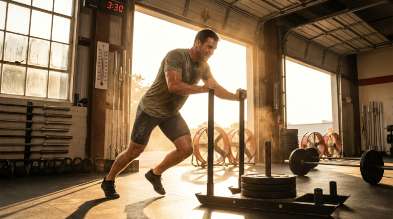sweaty man pushing a weighted sled on a dusty gym floor for summer strength training