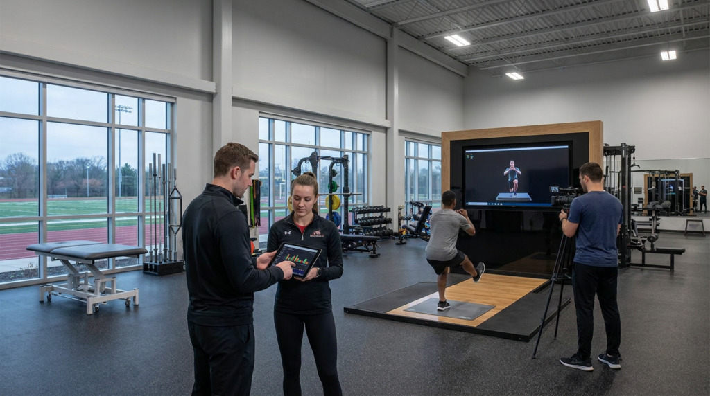 athletes performing movement assessment protocols in a modern gym, collecting data on a tablet.