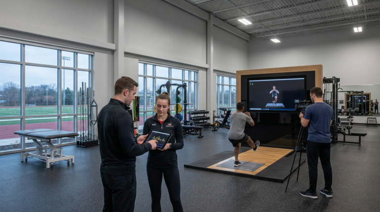 athletes performing movement assessment protocols in a modern gym, collecting data on a tablet.