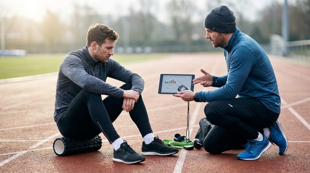 fitness coach showing athlete training intensity adjustments on a tablet with data graphs.