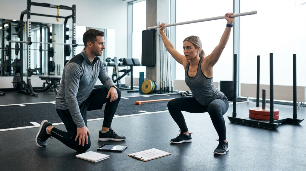 trainer observing a woman performing a squat with an overhead bar, demonstrating movement assessment techniques.