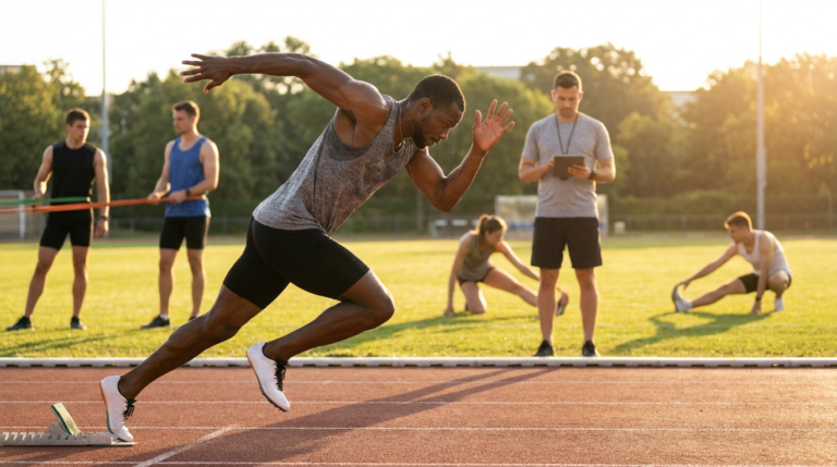 a sprinter exploding from the blocks, showcasing spring power training phases with others engaging in various track and field exercises.
