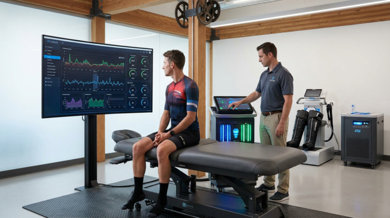 an athlete on a medical bed viewing a screen displaying detailed athletic recovery metrics with a trainer adjusting equipment.