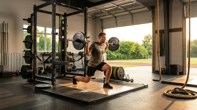 man performing lunges with a barbell in a gym, ready for june training blocks.