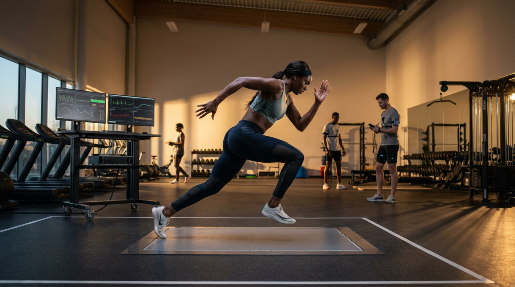 athlete performing movement quality training on force plates, monitored by tech.
