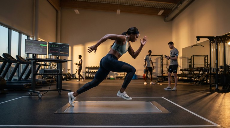 athlete performing movement quality training on force plates, monitored by tech.