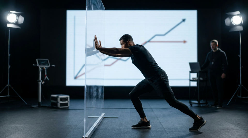 athlete pushing against a clear barrier in a studio with a growing graph in the background, breaking performance barriers