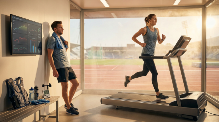 athletes engaging in heat performance training with a treadmill, screen, and exercise gear.