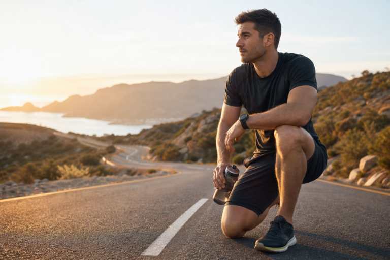 man kneeling on a winding road at sunset, holding a water bottle, embodying an athletic longevity mindset.