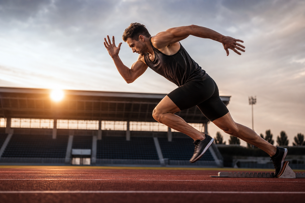 male athlete exploding from starting blocks on a track, demonstrating elite athlete periodization.