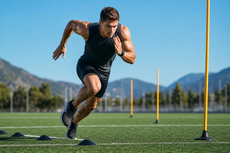 muscular male athlete sprinting on a green field during elite athlete summer training.
