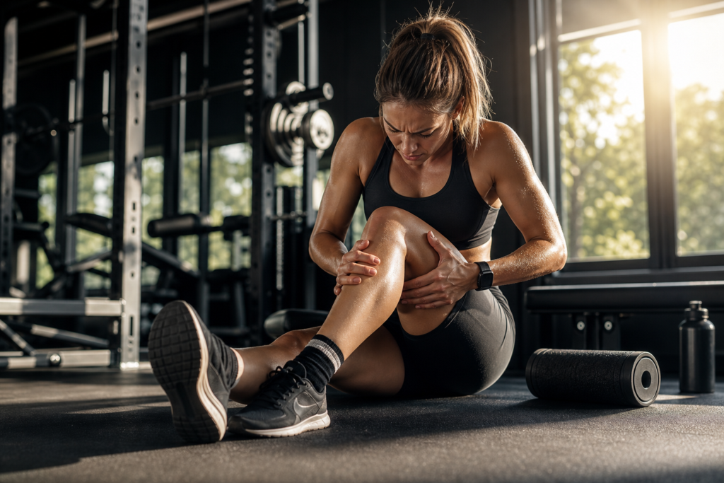woman clutching her knee in pain after a workout, highlighting high-intensity injury prevention.